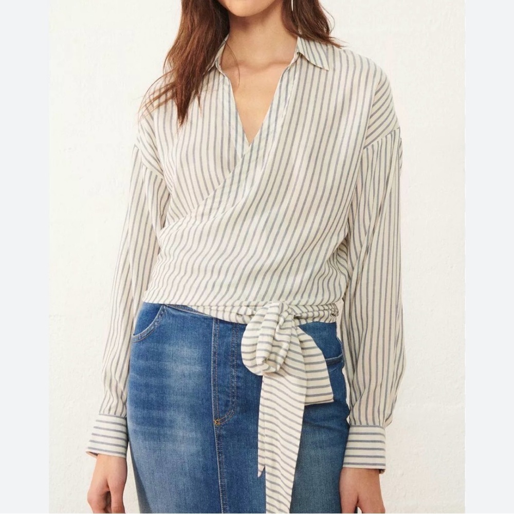 ba&sh marisa striped wrap front tie shirt womens small long sleeve Collared Blue